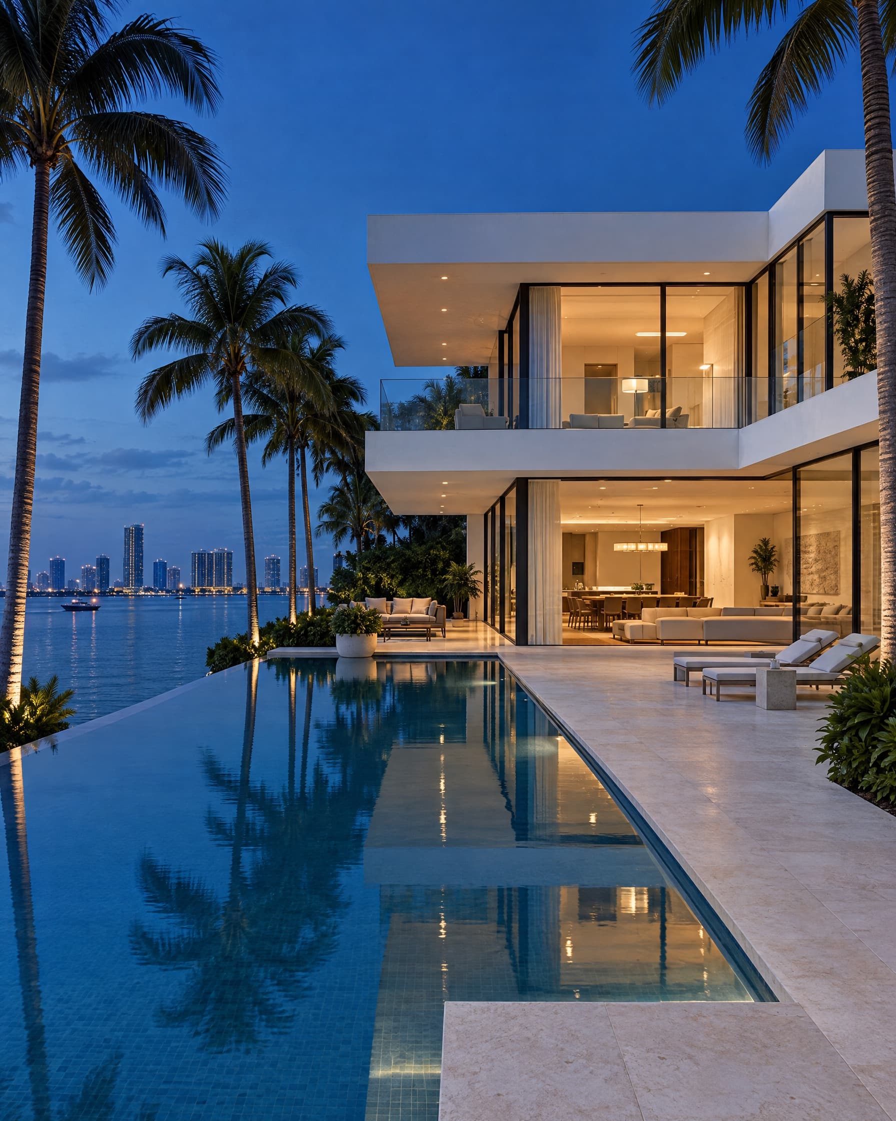 Waterfront residence on Biscayne Bay at dusk