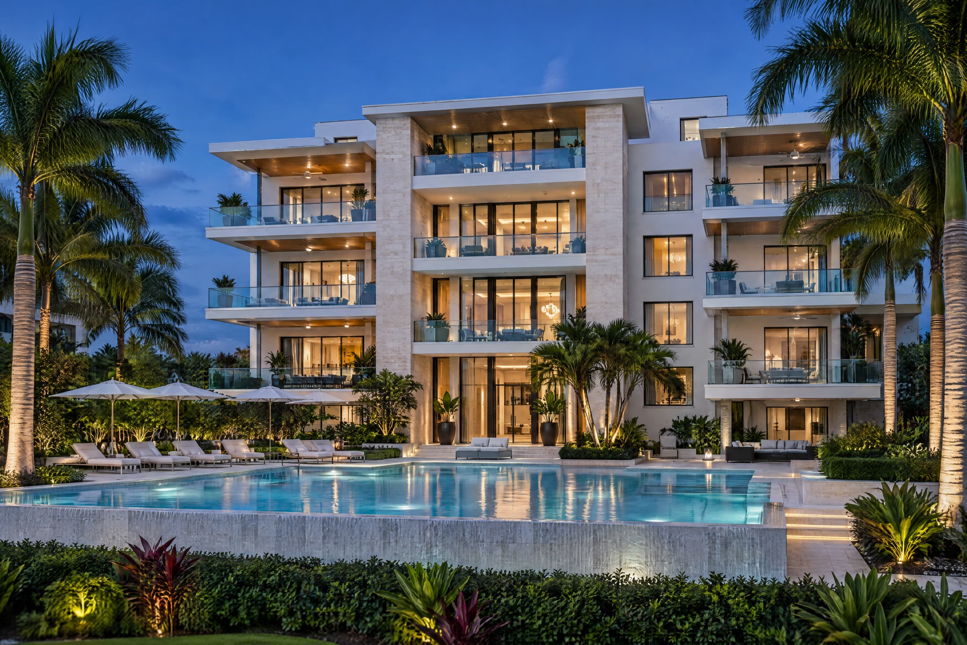 Newly completed residential building with a pool courtyard at dusk