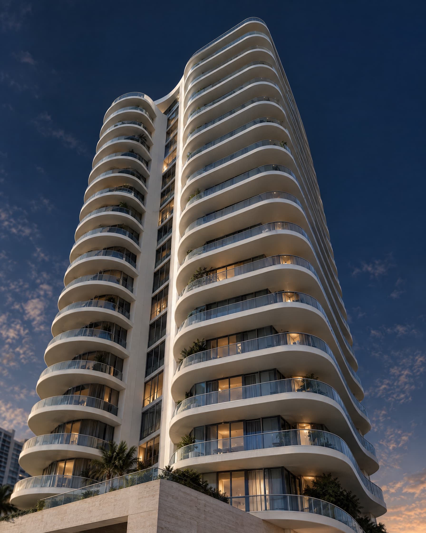 Residential tower with curved balconies at dusk